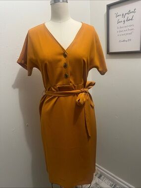 Ann Taylor Factory V-Neck Belted Midi Dress in Mustard Orange
